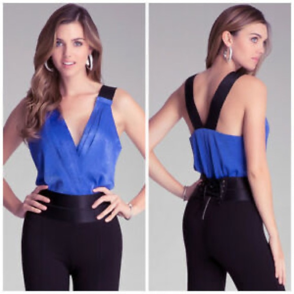 BEBE BLUE PLEATED ELASTIC BACK BODYSUIT TOP NEW NWT